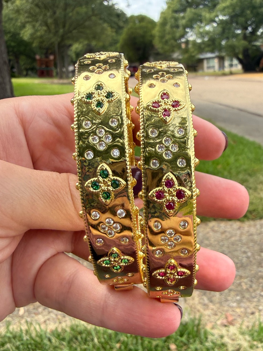 Adina Eden Gold-Tone Hinged Bangle Bracelets with Green & Pink Crystal Flowers